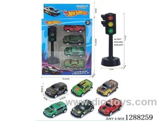 Traffic lights + 4 pull-back tin dinosaur cars