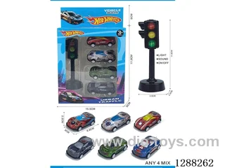 Traffic lights + 4 pull-back tin Avengers cars