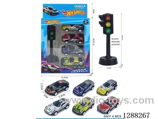 Traffic lights + 4 pull-back tin racing cars