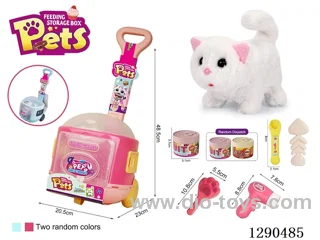 Pet Feeding Set - Electric Plush Kitten Feeding Toy with Storage Trolley (Blue/Pink, Random)not included battery