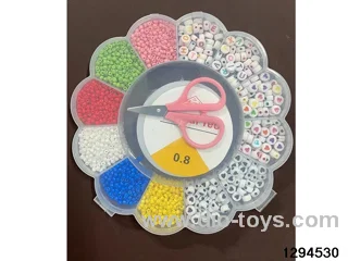 flower box with 12 compartments, mixed letters, and fine beaded design.Includes scissors and a wire box.