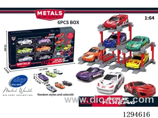 (CPC) 1:64 Free Wheel alloy Cars, DIY Parking Lot Set, 6 Cars with 6 Parking Spaces