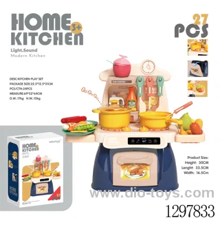 Mini electronic kitchen countertop set with sound and light. 27 pieces (without power supply). Uses 3 AA 1.5V batteries.