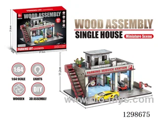 Wooden Toy Assembly Model Parking Lot Scene + 2 random pull back cars