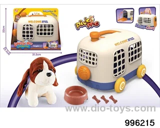 Pet bus cage+short plush dog Badu+dog basin 3 bones in display box