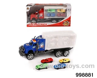 Inertia trailer with 4 racing cars in window box