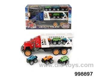 Inertia tractor towing 6 large wheeled vehicles (double deck) in window box