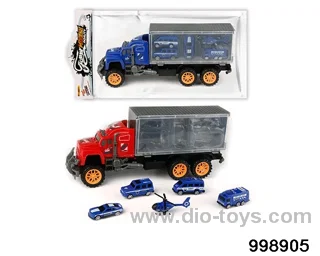 Inertia trailer carriage towing 4 police cars+aircraft (plastic) in PVC bag
