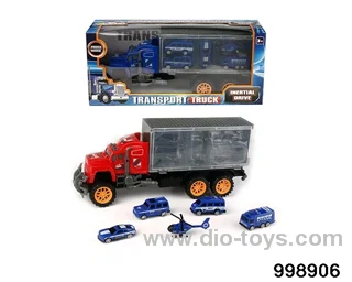 Inertia trailer carriage towing 4 police cars+aircraft (plastic) in window box