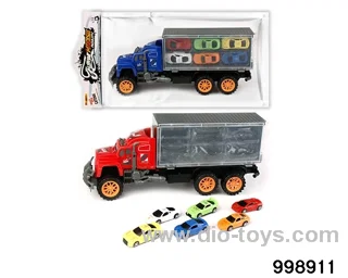 Inertia trailer carriage towing 6 solid color racing cars (plastic) in PVC bag