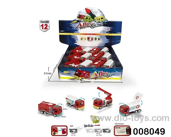 1:64 alloy double-door return fire truck, 12 sets of four vehicles (English packaging) in display box