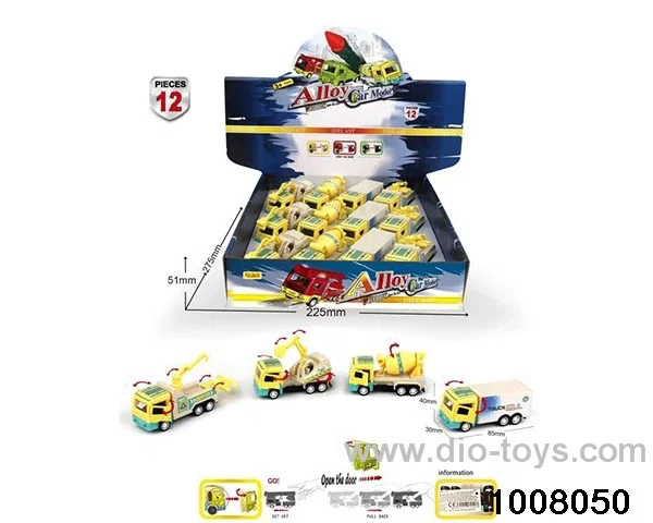 1:64 alloy double-door return engineering vehicle, 12 in four models (English packaging) in display box