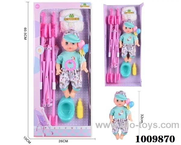 14 inch Water doll,Movable eyes with  milk bottle ， urinal,_x000D_
cart&With 6-sound IC