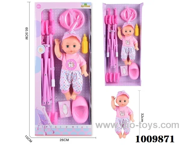 14 inch  Water doll,Movable eyes with  milk bottle ， urinal,_x000D_
cart&With 6-sound IC