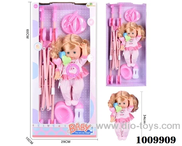 15 inch  Water doll,Movable eyes with  milk bottle ，cart etc &With 6-sound IC