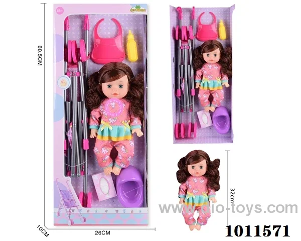 14inch  blow bottle, movable eye Drink water  doll, with Absorbent milk bottles, tissues,urinal, cart,With 6-sound IC