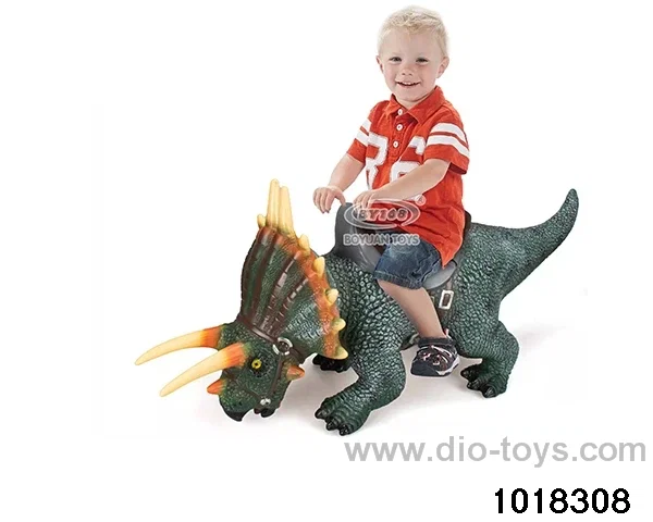Children ride oversized dinosaurs in pe bag with header
