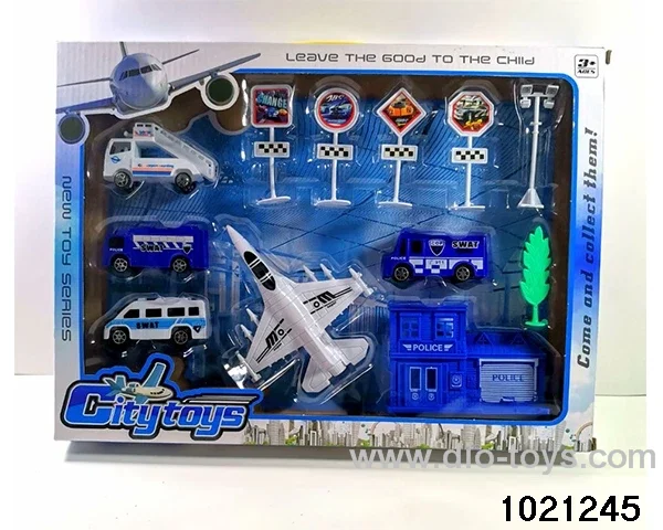 Airport set (fighter plane back, car skidding) in window box