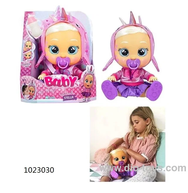 PLUSH UNICORN QUEEN - 9TH GENERATION 14 INCH ENAMEL CRY WITH HAIR GIRL VERSION DOLL WITH FOUR VOICES CRY BABIES-TUTTI FRITTI WITH TEAR FUNCTION, WITH ABSORBENT BOTTLE, WITH PACIFIER . PLUSH BAND WARMING FUNCTION. SET OF 2 CLOTHES