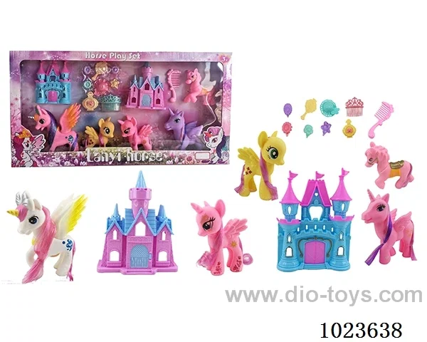 rubber horses with castle in window box