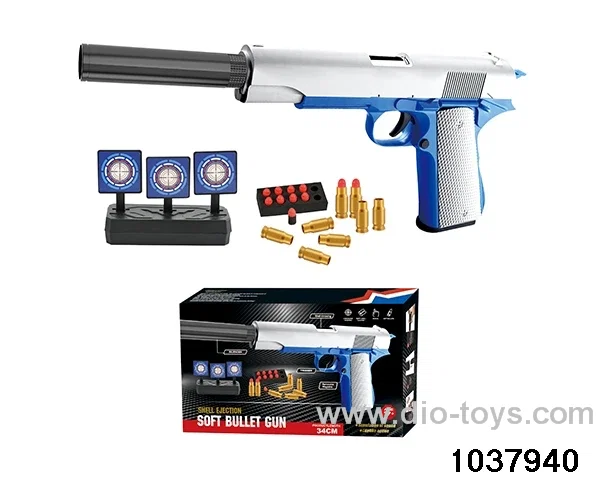 Shell-shocked soft-bullet gun + target in color box