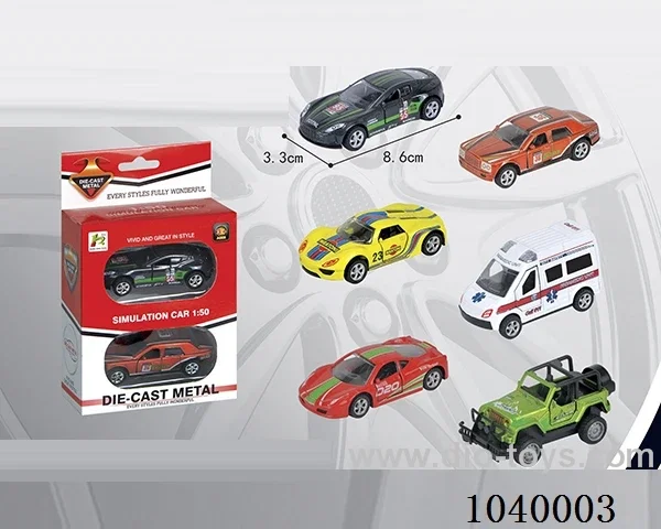 1:50 2pcs pull back alloy car 6sets&6color mixed loading   in window box
