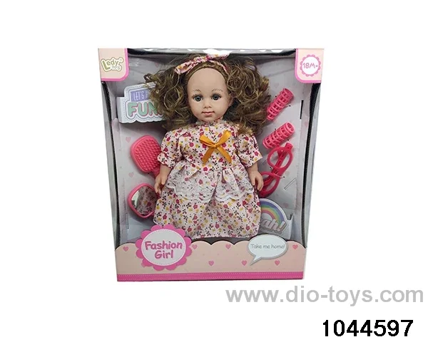 14 INCH STRAIGHT FOOT COTTON BODY FLORAL DRESS FOR GIRLS AND ACCESSORIES SUCH AS COMBS, MIRRORS, HAIR ROLLS, GLASSES, ETC IN COLOR BOX