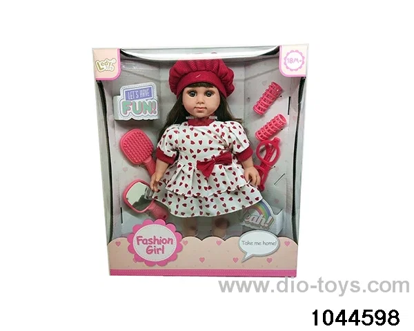 14 INCH STRAIGHT FOOT COTTON BODY FASHION GIRL AND COMB MIRROR HAIR ROLL GLASSES AND OTHER ACCESSORIES IN COLOR BOX