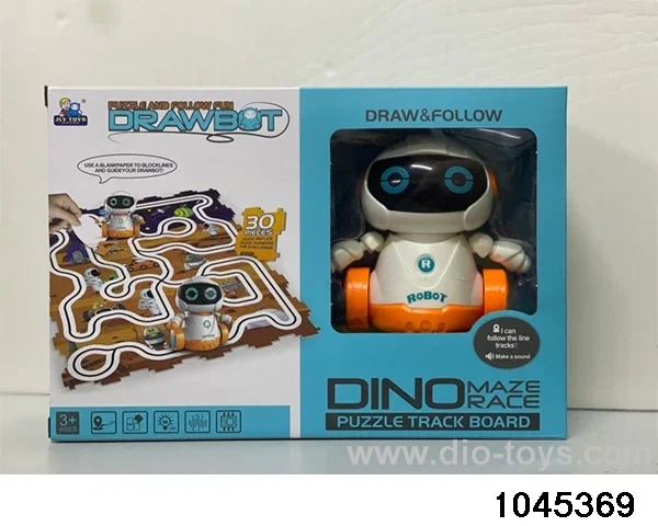 Track robot with puzzle (including electricity) in window box