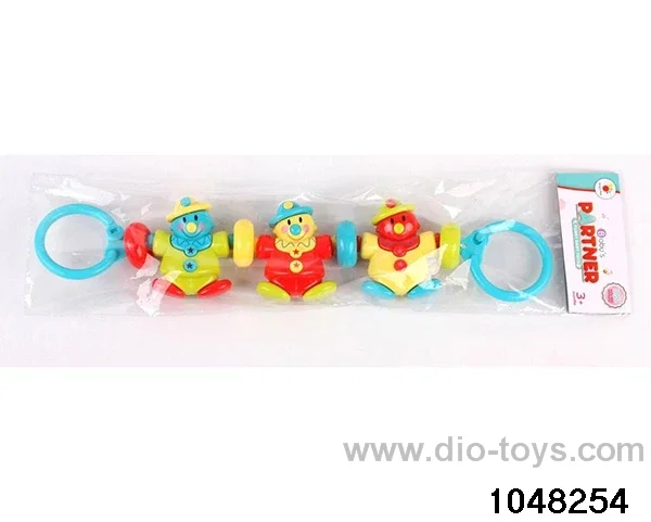 The baby pulls the clown with three hands in poly bag header