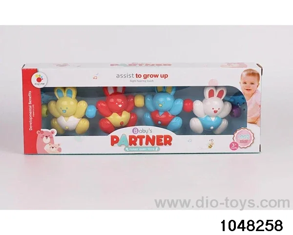 Baby pulls rabbit with four hands in window box