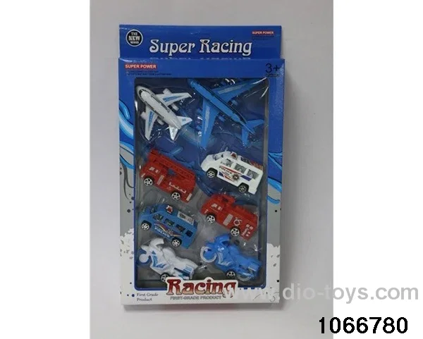 Pull back assembled airplane + fire truck + car + motorcycle in window box