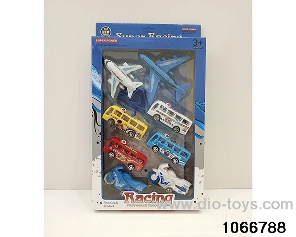 Pull back assembled airplane + police car + police motorcycle in window box