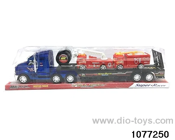 Inertia tractor carrying 2 skidding fire trucks in PVC cover