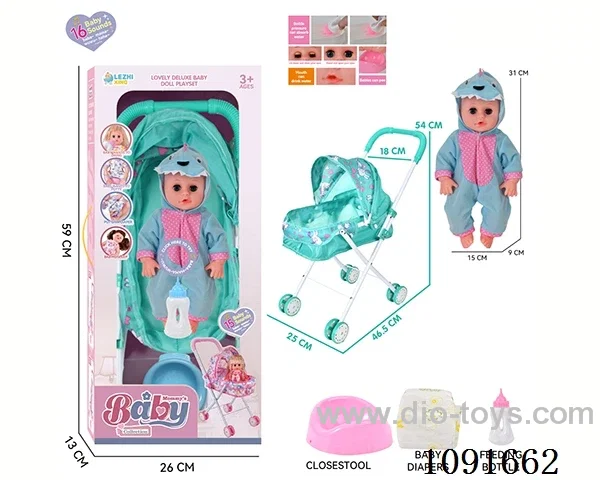 14inch 16IC doll with iron stroller in window box