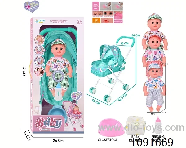 14inch 16IC doll with iron stroller in window box
