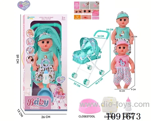 14inch 16IC doll with iron stroller in window box