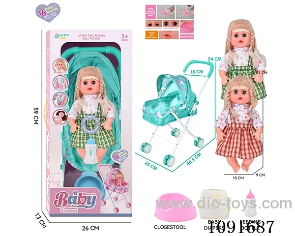 14inch 16IC doll with iron stroller in window box