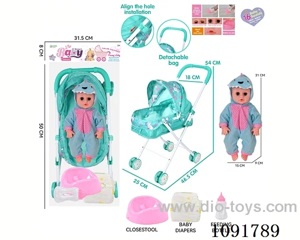 14inch 16IC doll with iron stroller in PE bag with header