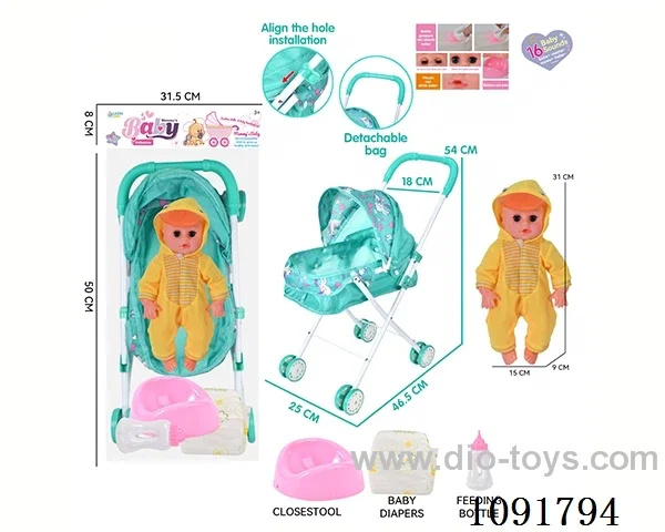 14inch 16IC doll with iron stroller in PE bag with header