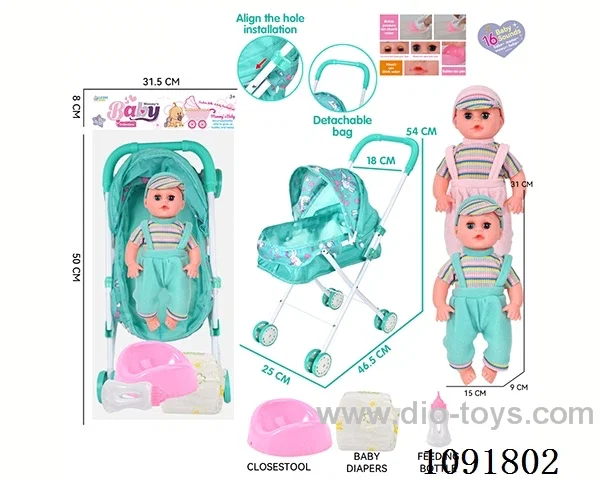 14inch 16IC doll with iron stroller in PE bag with header