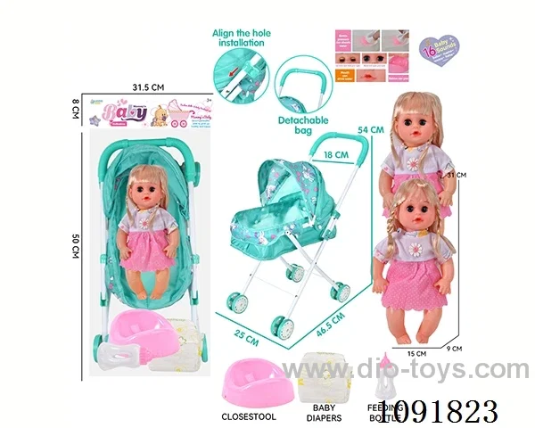 14inch 16IC doll with iron stroller in PE bag with header