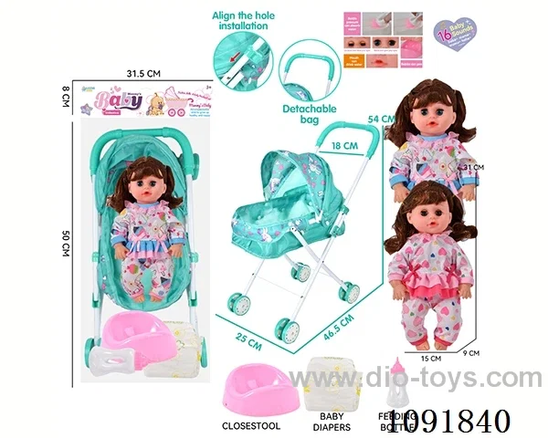 14inch 16IC doll with iron stroller in PE bag with header