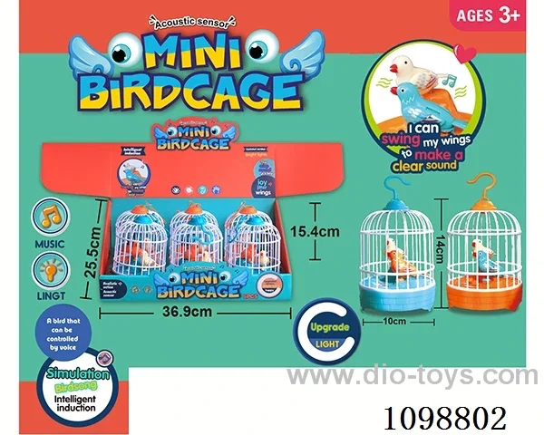 Voice-activated bird cage with light/music