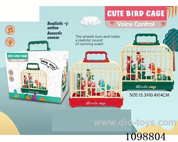 Voice-activated bird cage with light/music