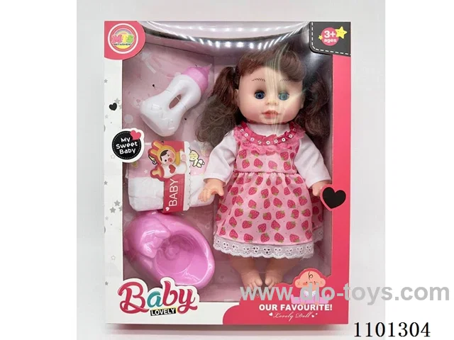 14-inch blow bottle girl (2 types of clothes)+ baby bottle, diaper, bedpan/Functions: water pee, 4 sound IC