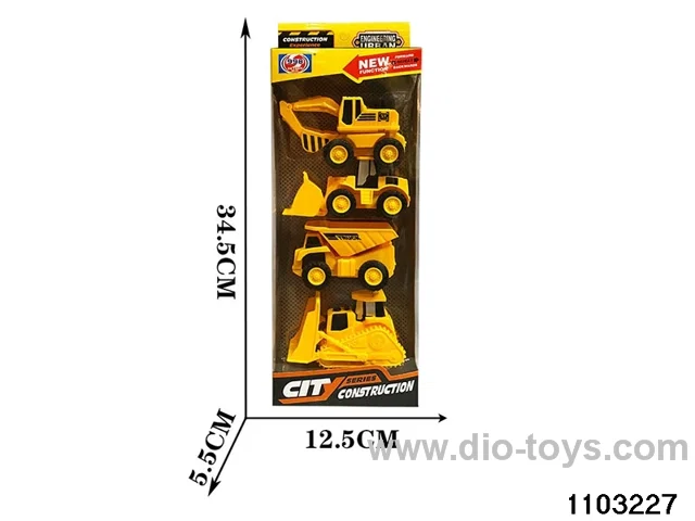 4pcs pull back engineering vehicles in window box