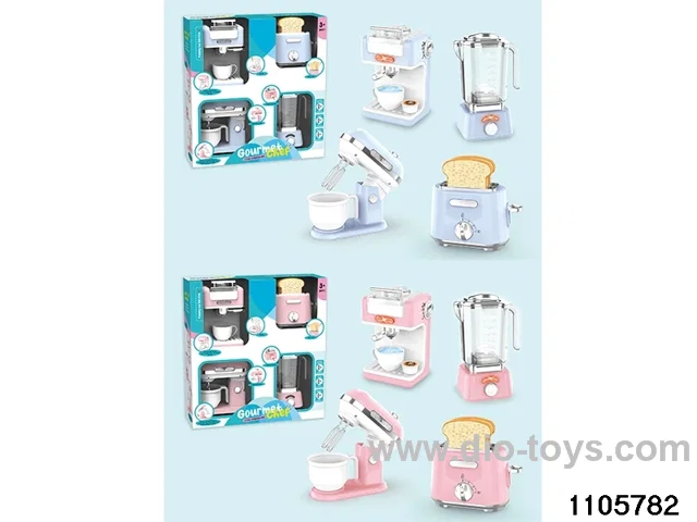 Coffee maker, toaster, whisk, juicer set  in window box
