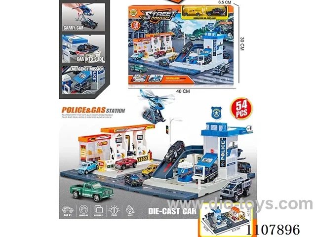 City Gas Station Police Station combination with 2 alloy cars (parking lot)