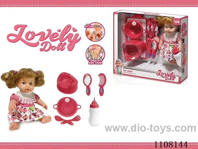 Full vinyl 12 inch girl doll set [Drink water pee baby bottle dinner plate fork spoon toilet comb mirror IC]